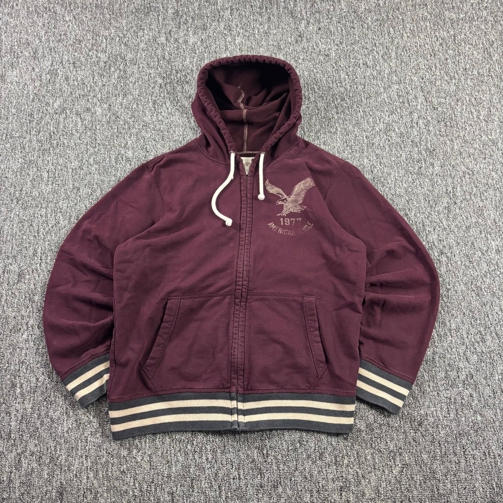 Y2K American Eagle Grunge Zip Up Hoodie Eagle Graphic Fleece Burgundy Men Large